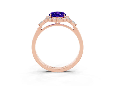 Rose gold Oval Cut Tanzanite Halo Ring with Pear Side Stones and Prong Setting_15