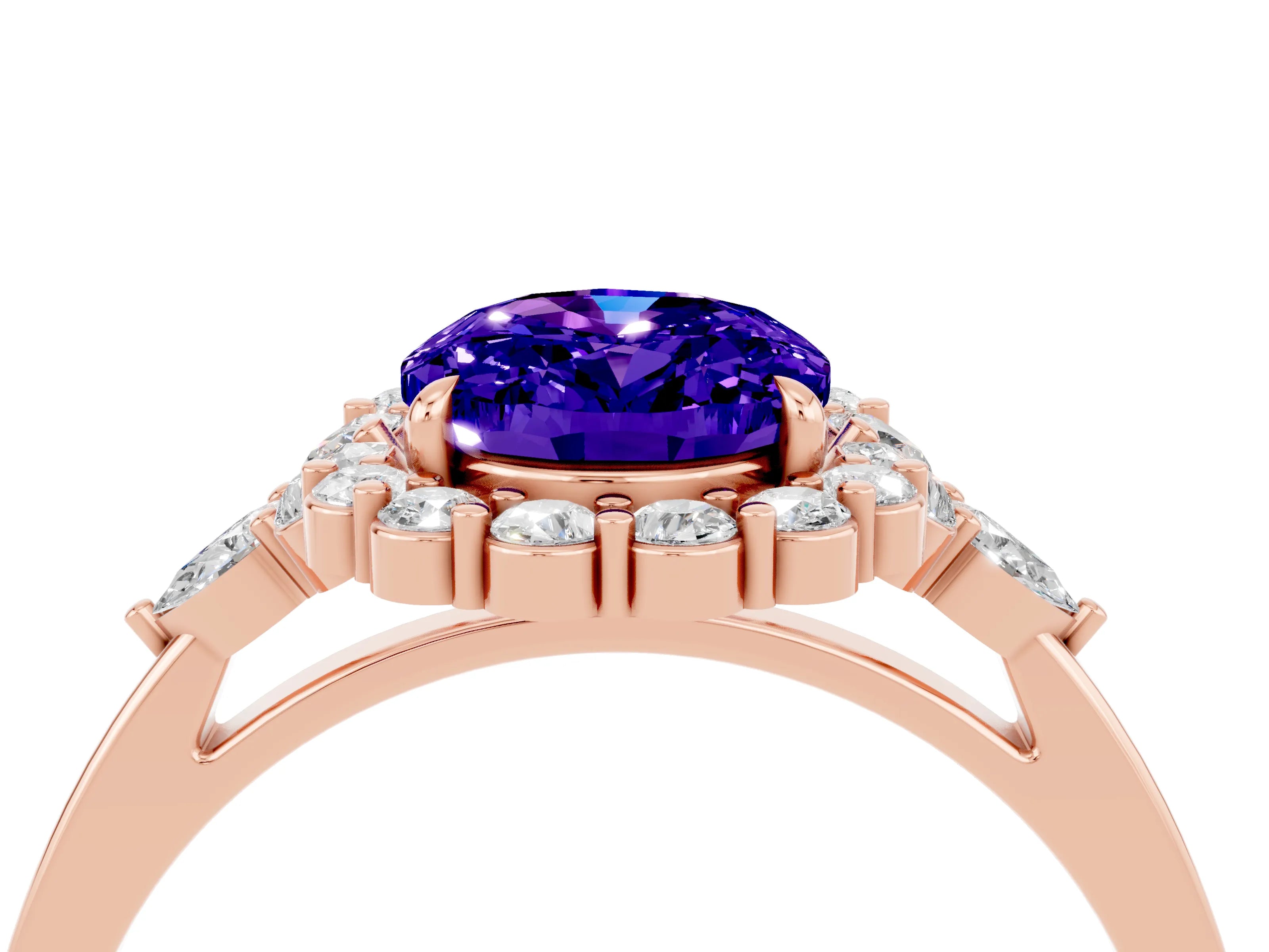 Rose gold Oval Cut Tanzanite Halo Ring with Pear Side Stones and Prong Setting_16