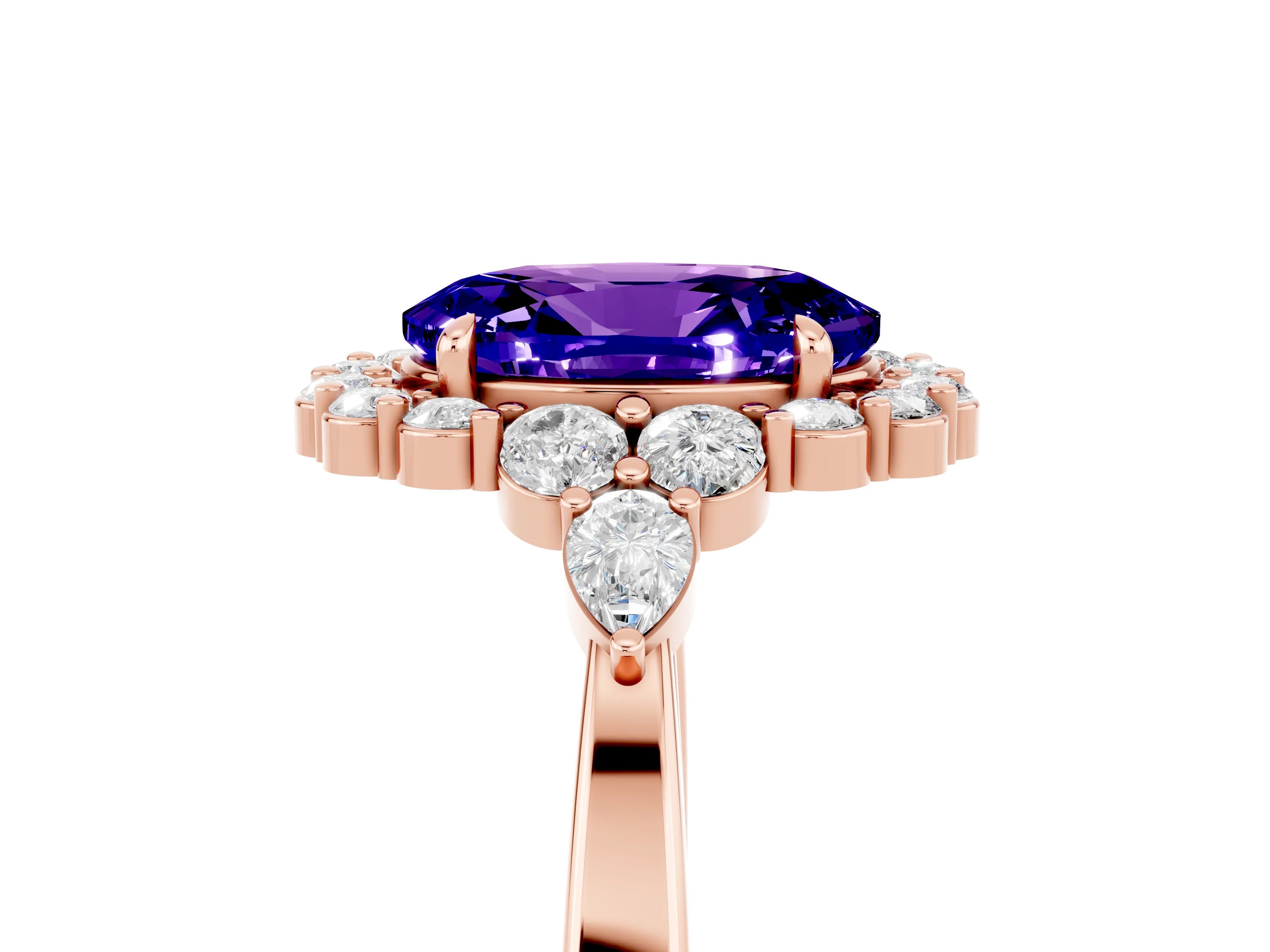 Rose gold Oval Cut Tanzanite Halo Ring with Pear Side Stones and Prong Setting_17