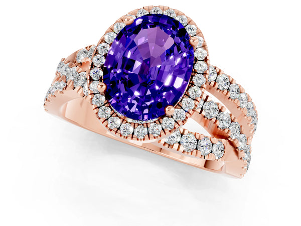 Rose gold Oval Cut Tanzanite Halo Ring with Round Split Shank and Prong Setting