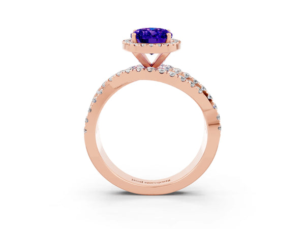 Rose gold Oval Cut Tanzanite Halo Ring with Round Split Shank and Prong Setting
