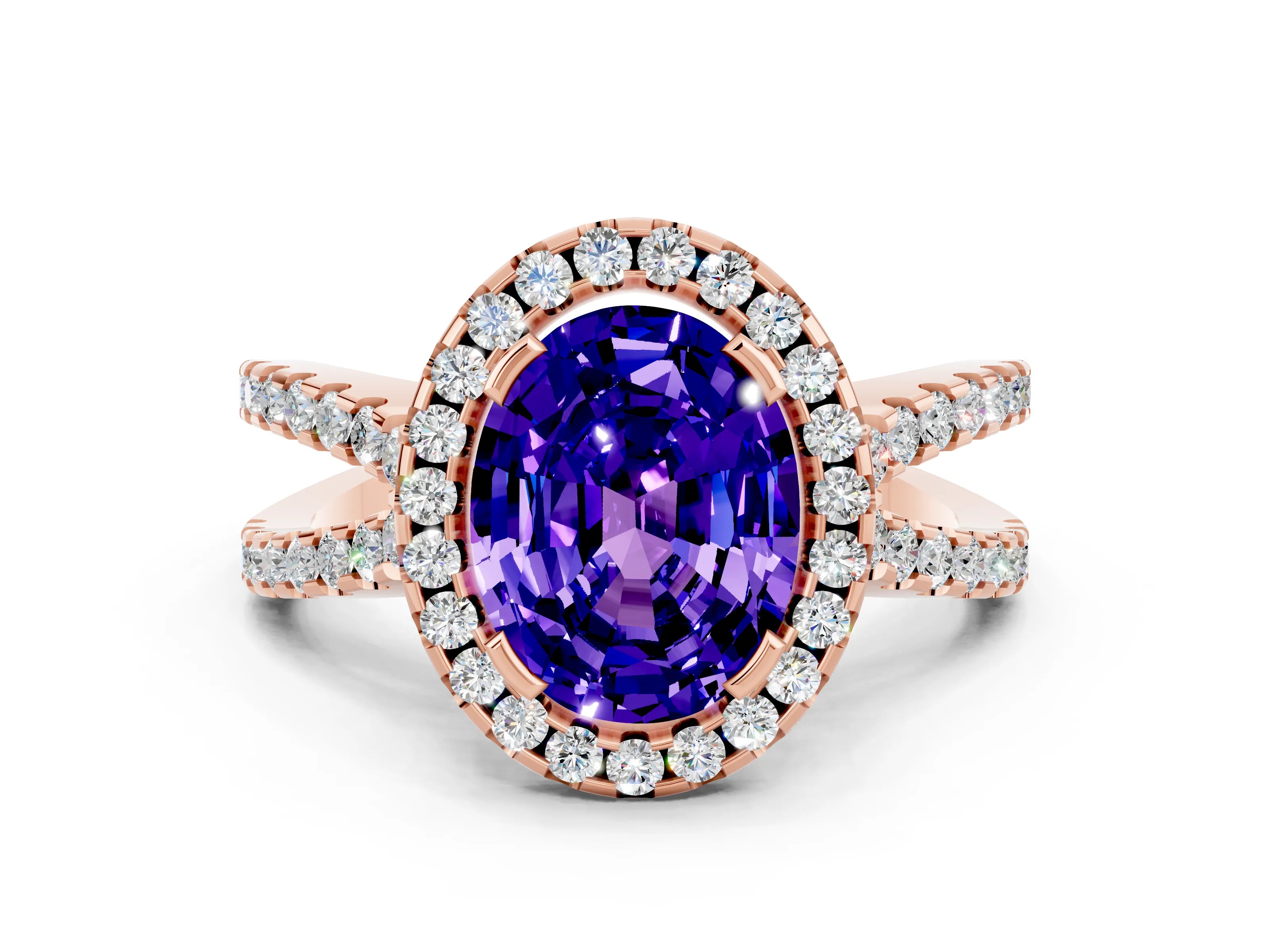 Rose gold Oval Cut Tanzanite Halo Ring with Split Shank Pavé Band and Prong Setting