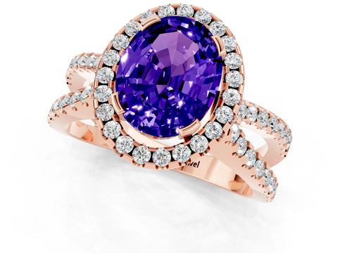 Rose gold Oval Cut Tanzanite Halo Ring with Split Shank Pavé Band and Prong Setting_1