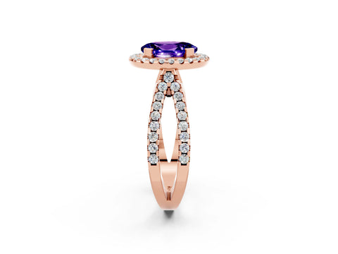 Rose gold Oval Cut Tanzanite Halo Ring with Split Shank Pavé Band and Prong Setting_2