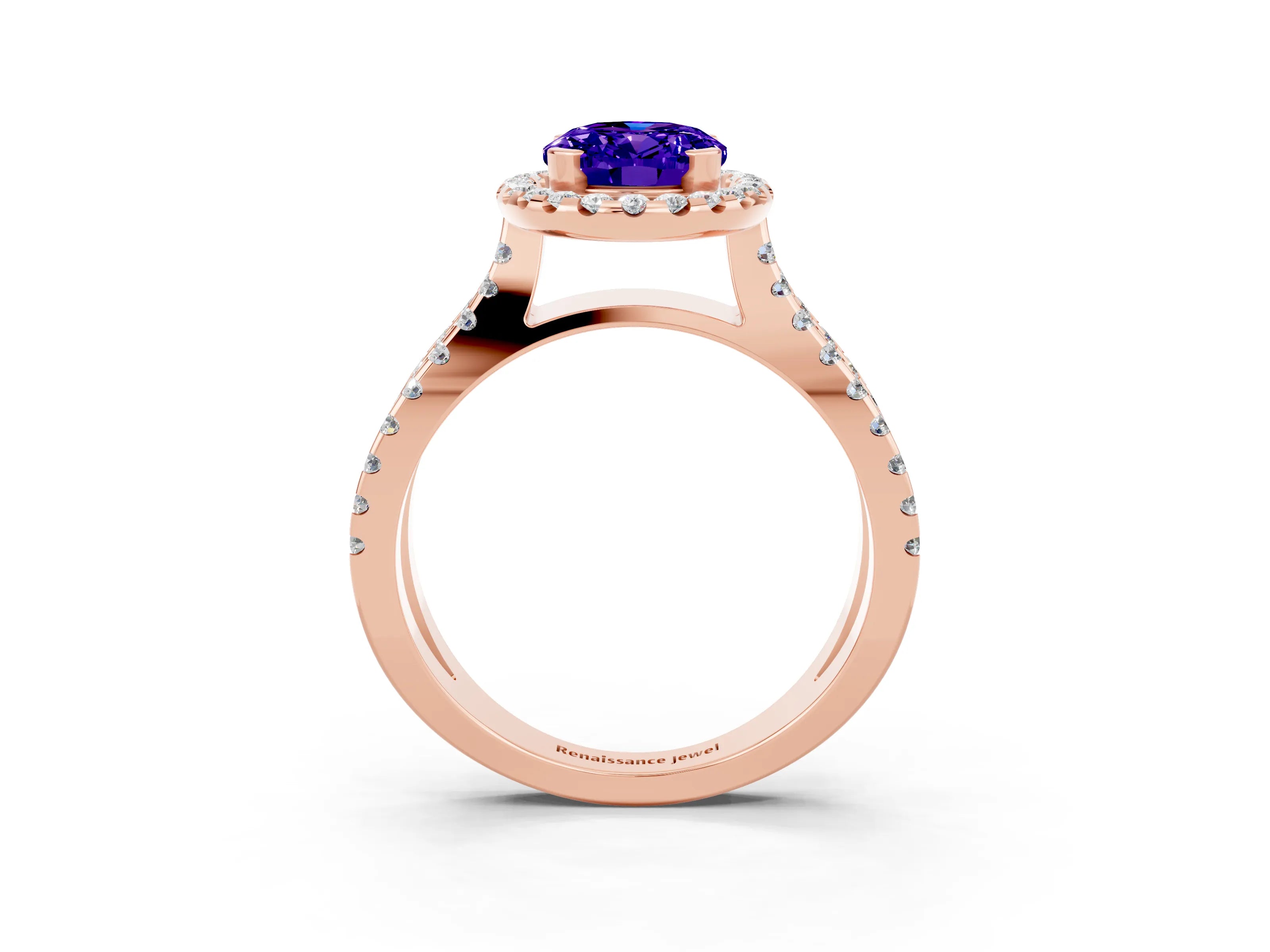 Rose gold Oval Cut Tanzanite Halo Ring with Split Shank Pavé Band and Prong Setting_3