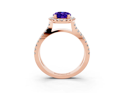 Rose gold Oval Cut Tanzanite Halo Ring with Split Shank Pavé Band and Prong Setting_3