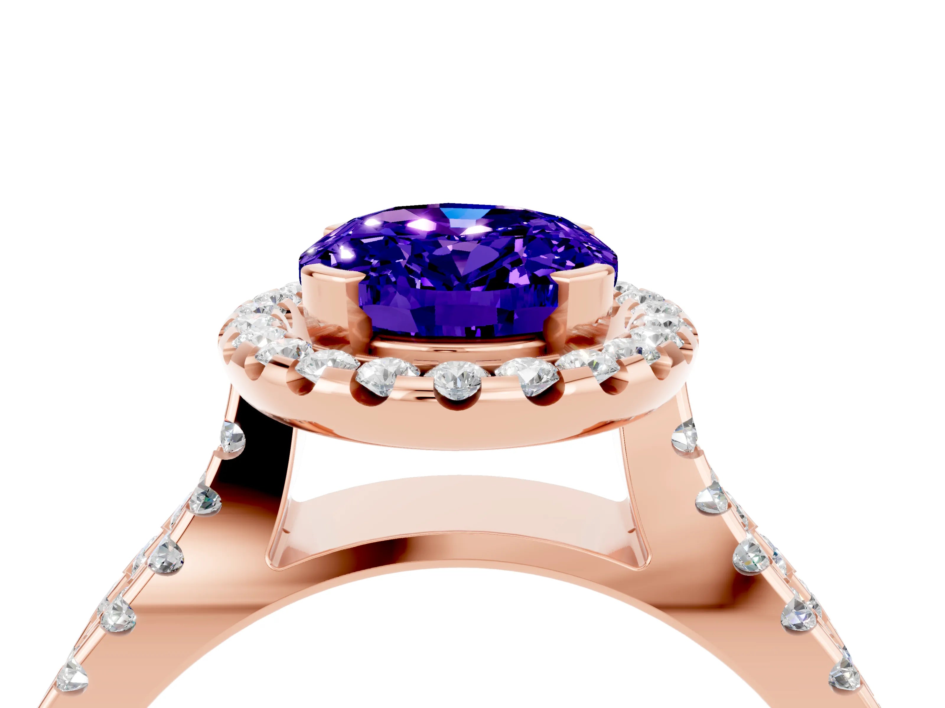 Rose gold Oval Cut Tanzanite Halo Ring with Split Shank Pavé Band and Prong Setting_4