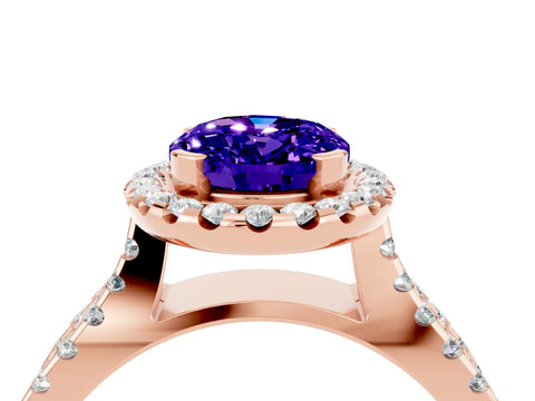 Rose gold Oval Cut Tanzanite Halo Ring with Split Shank Pavé Band and Prong Setting_4