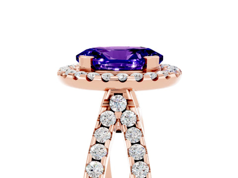 Rose gold Oval Cut Tanzanite Halo Ring with Split Shank Pavé Band and Prong Setting_5