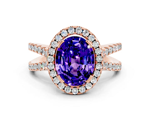 Rose gold Oval Cut Tanzanite Halo Ring with Split Shank Pavé Band and Prong Setting