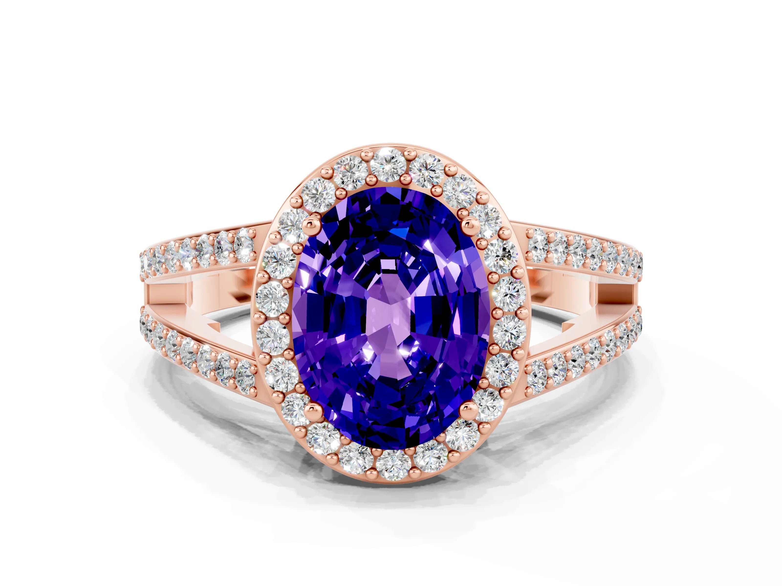 Rose gold Oval Cut Tanzanite Halo Ring with Split Shank U-Prong Band and Four-Prong Setting