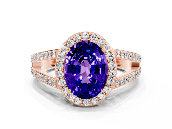 Rose gold Oval Cut Tanzanite Halo Ring with Split Shank U-Prong Band and Four-Prong Setting