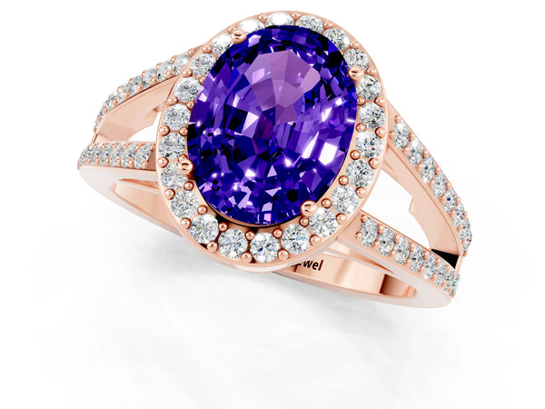 Rose gold Oval Cut Tanzanite Halo Ring with Split Shank U-Prong Band and Four-Prong Setting
