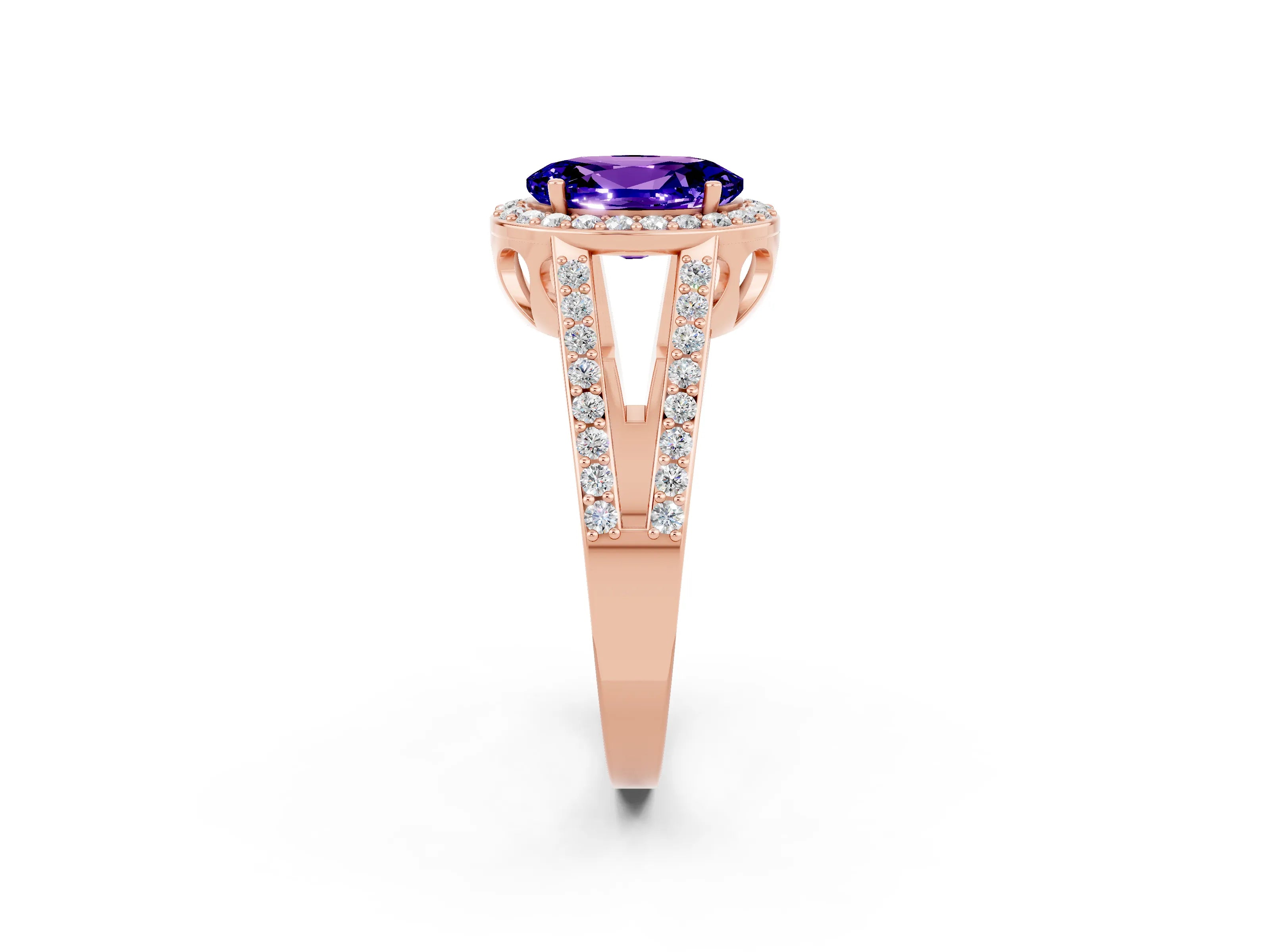 Rose gold Oval Cut Tanzanite Halo Ring with Split Shank U-Prong Band and Four-Prong Setting_2