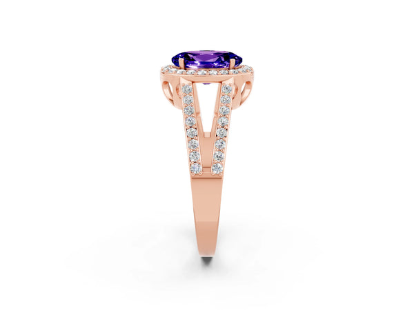Rose gold Oval Cut Tanzanite Halo Ring with Split Shank U-Prong Band and Four-Prong Setting