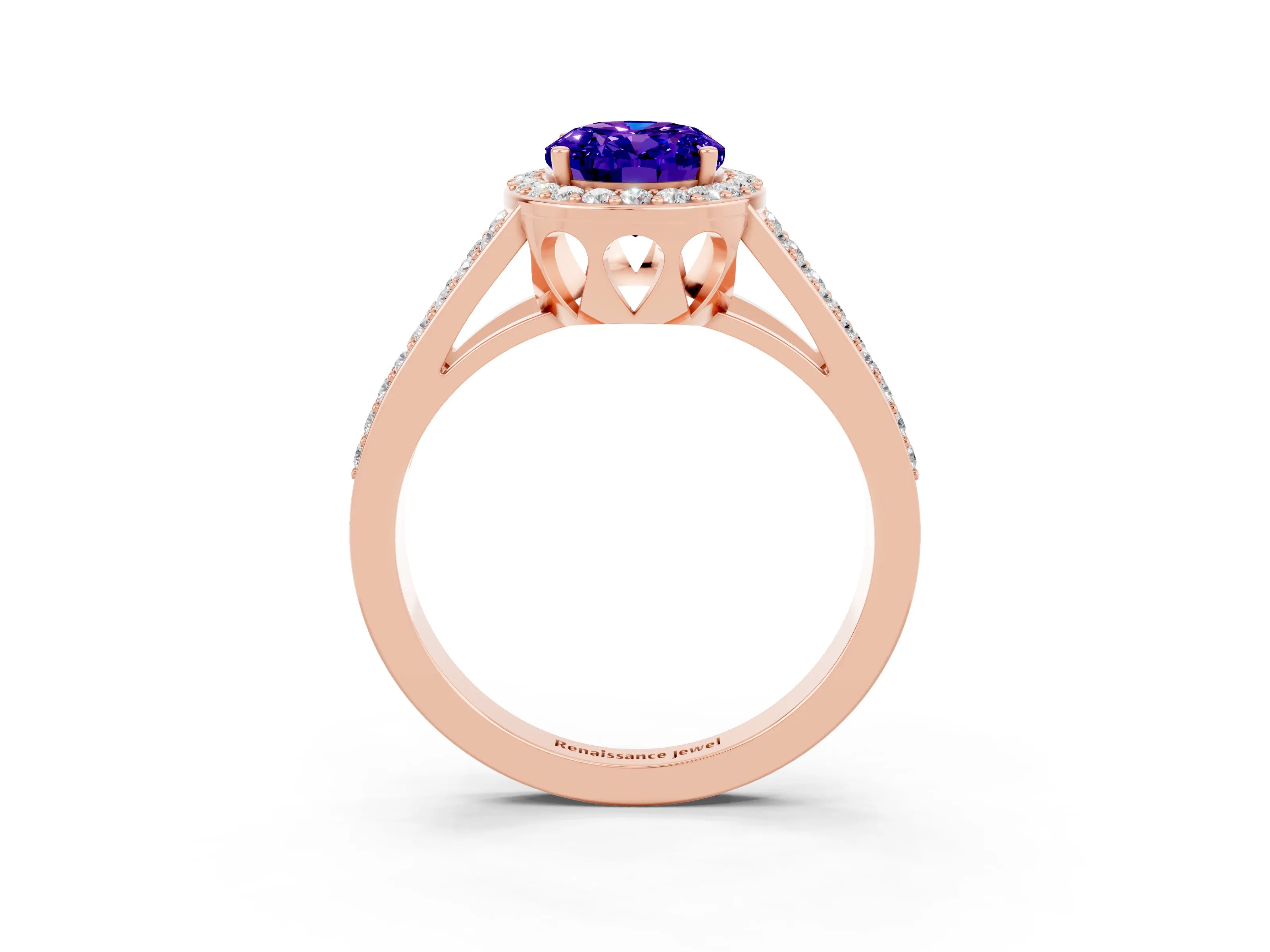 Rose gold Oval Cut Tanzanite Halo Ring with Split Shank U-Prong Band and Four-Prong Setting_3