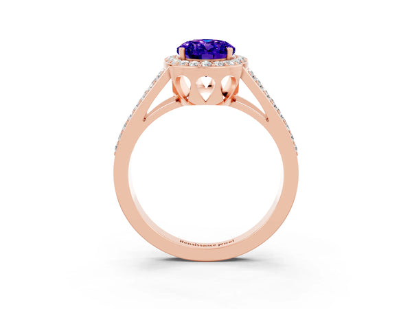 Rose gold Oval Cut Tanzanite Halo Ring with Split Shank U-Prong Band and Four-Prong Setting