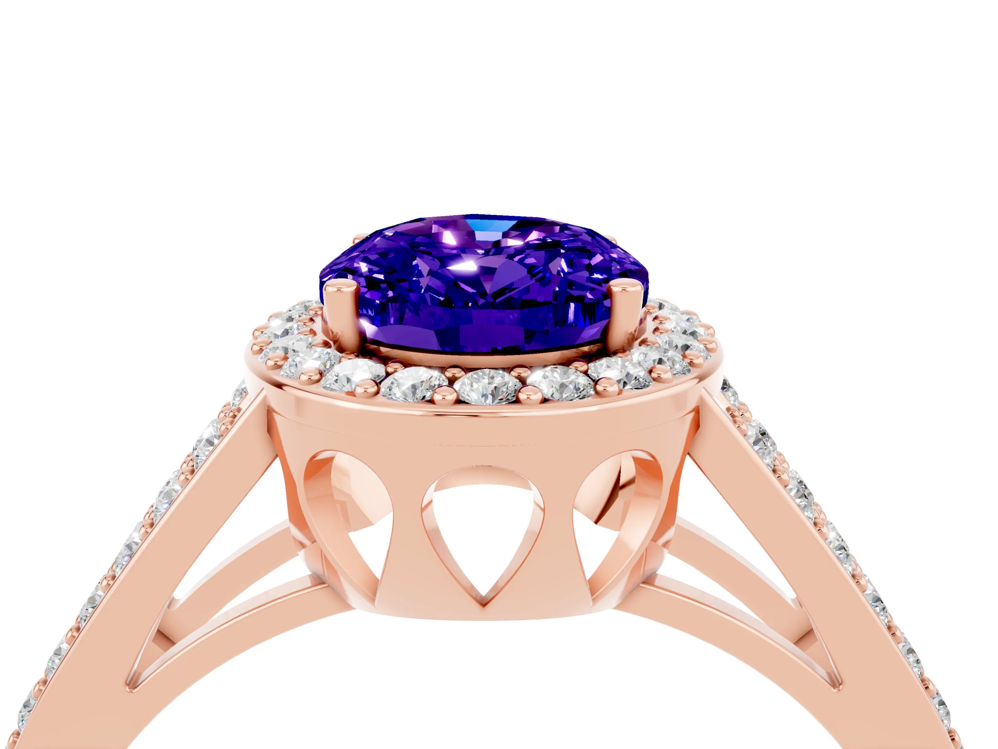 Rose gold Oval Cut Tanzanite Halo Ring with Split Shank U-Prong Band and Four-Prong Setting_4