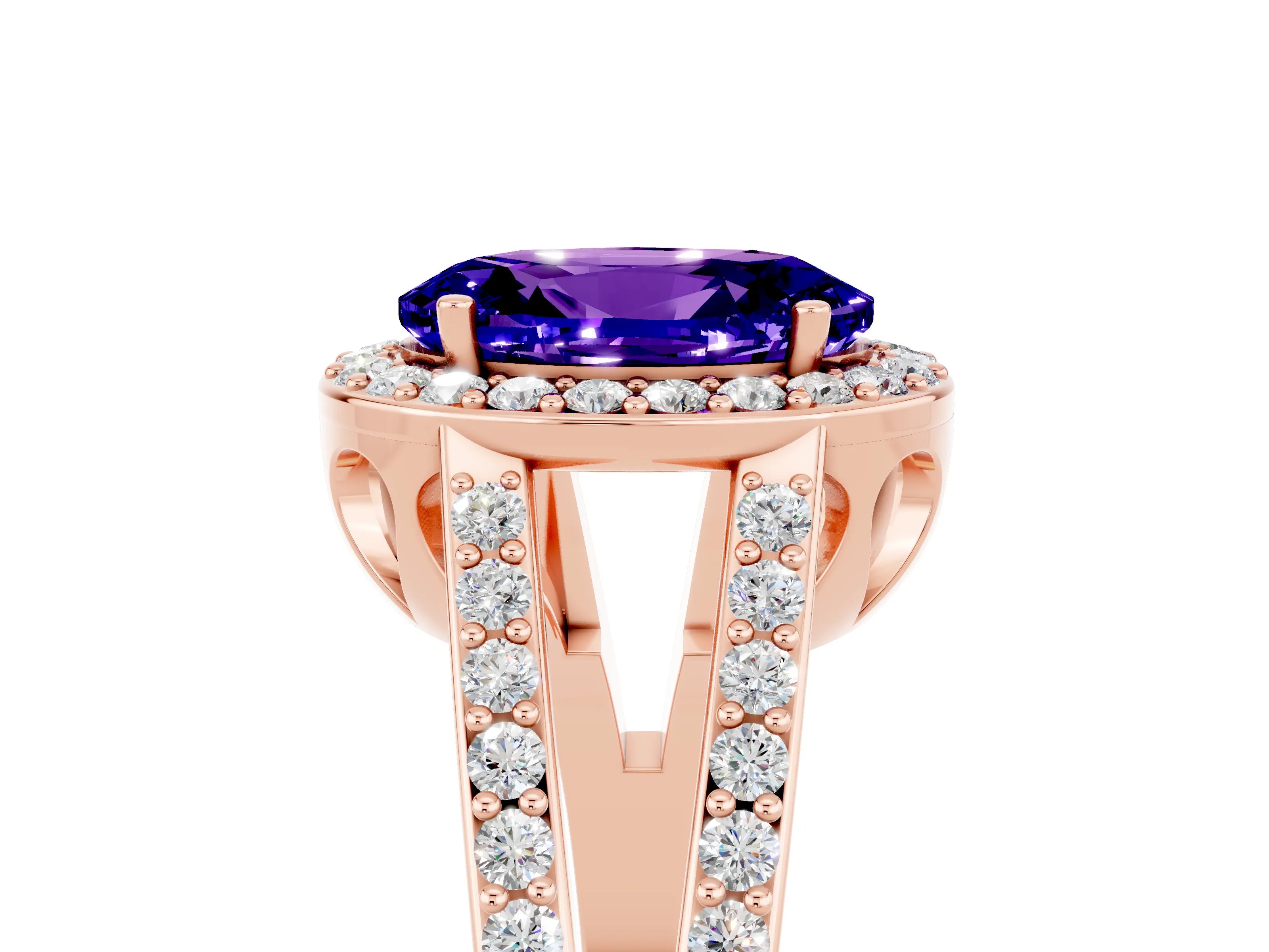 Rose gold Oval Cut Tanzanite Halo Ring with Split Shank U-Prong Band and Four-Prong Setting_5