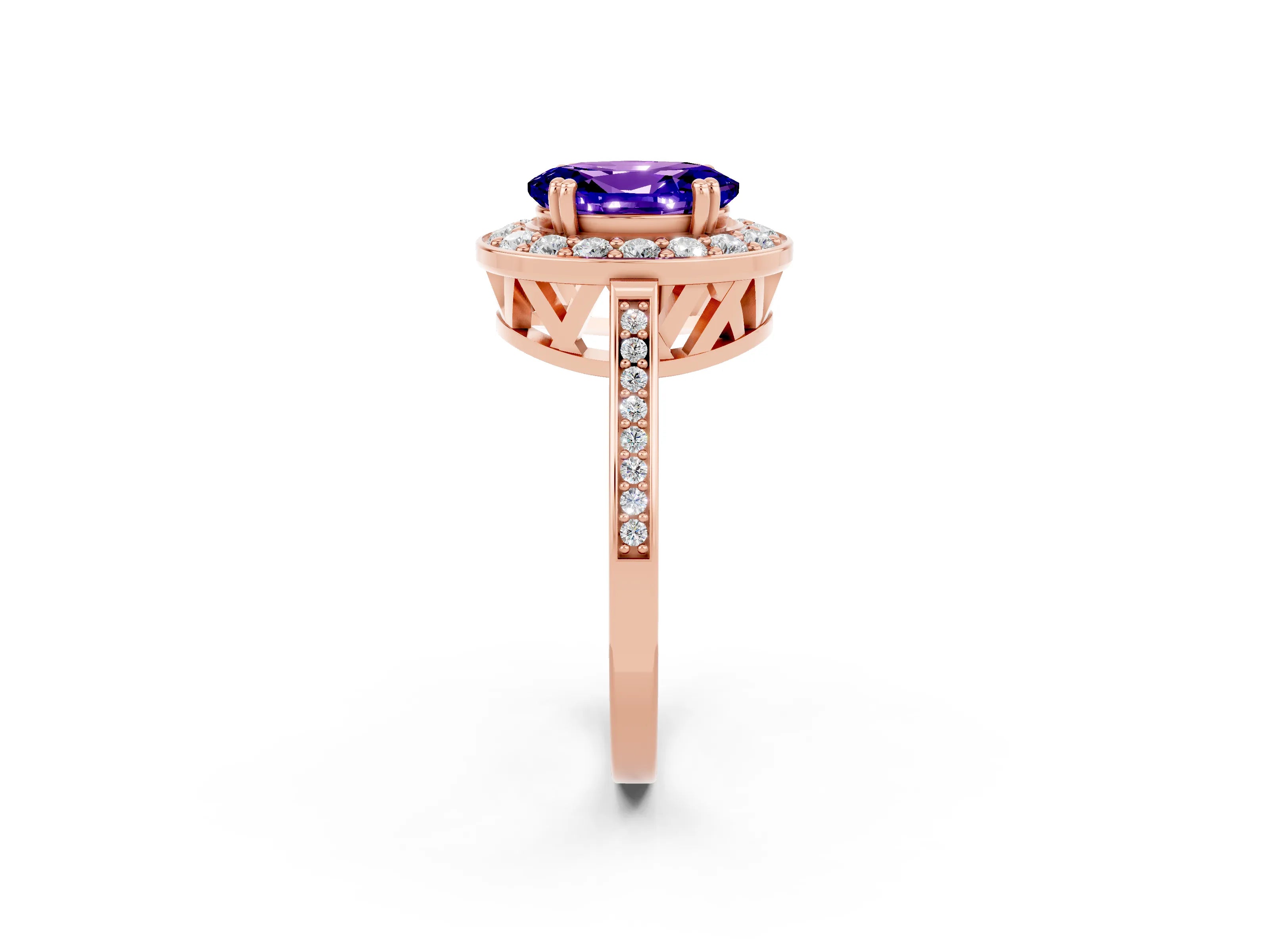 Rose gold Oval Cut Tanzanite Halo Ring with Split Shank and Four-Prong Setting_2