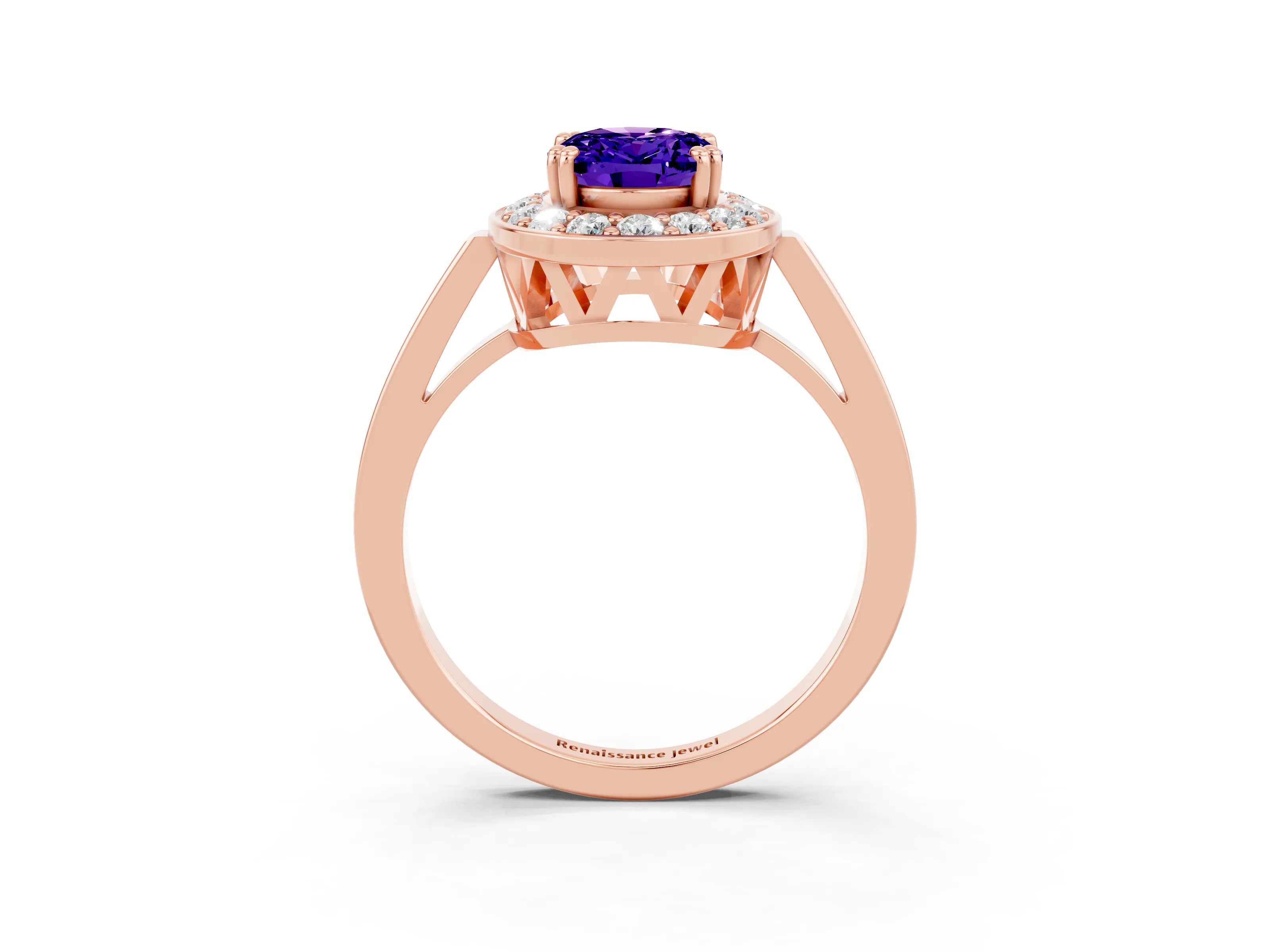 Rose gold Oval Cut Tanzanite Halo Ring with Split Shank and Four-Prong Setting_3