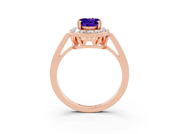 Rose gold Oval Cut Tanzanite Halo Ring with Split Shank and Four-Prong Setting