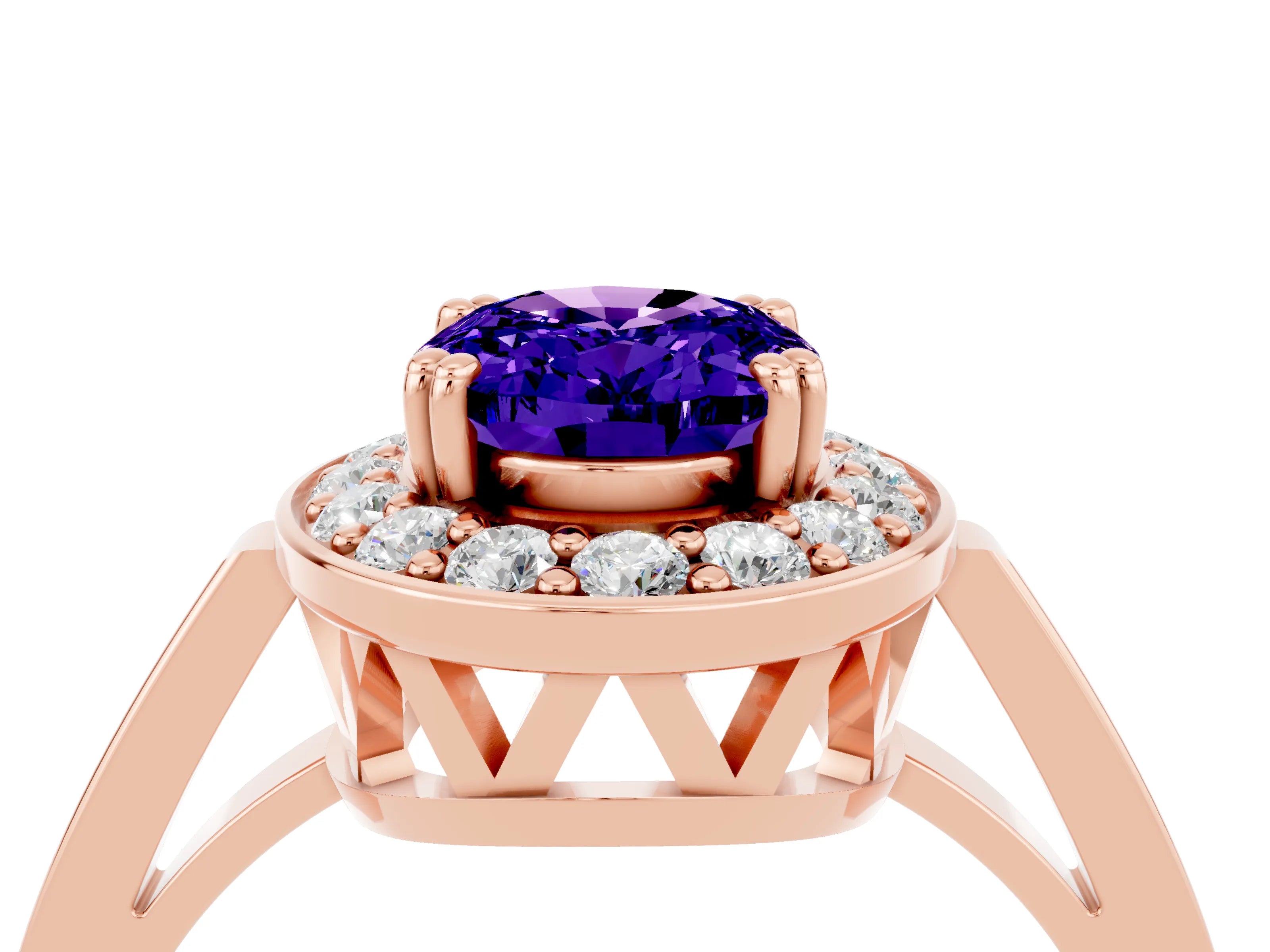 Rose gold Oval Cut Tanzanite Halo Ring with Split Shank and Four-Prong Setting_4