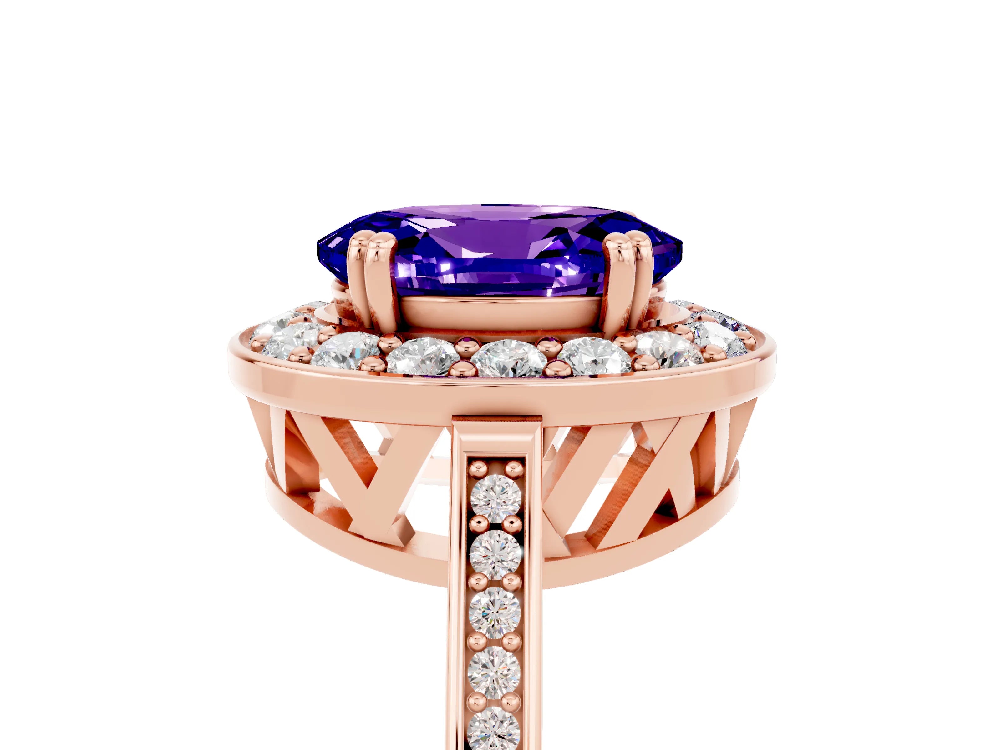 Rose gold Oval Cut Tanzanite Halo Ring with Split Shank and Four-Prong Setting_5