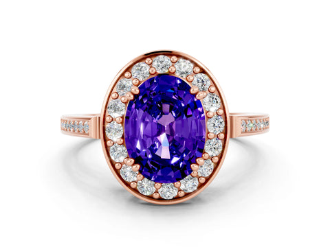 Rose gold Oval Cut Tanzanite Halo Ring with Split Shank and Four-Prong Setting