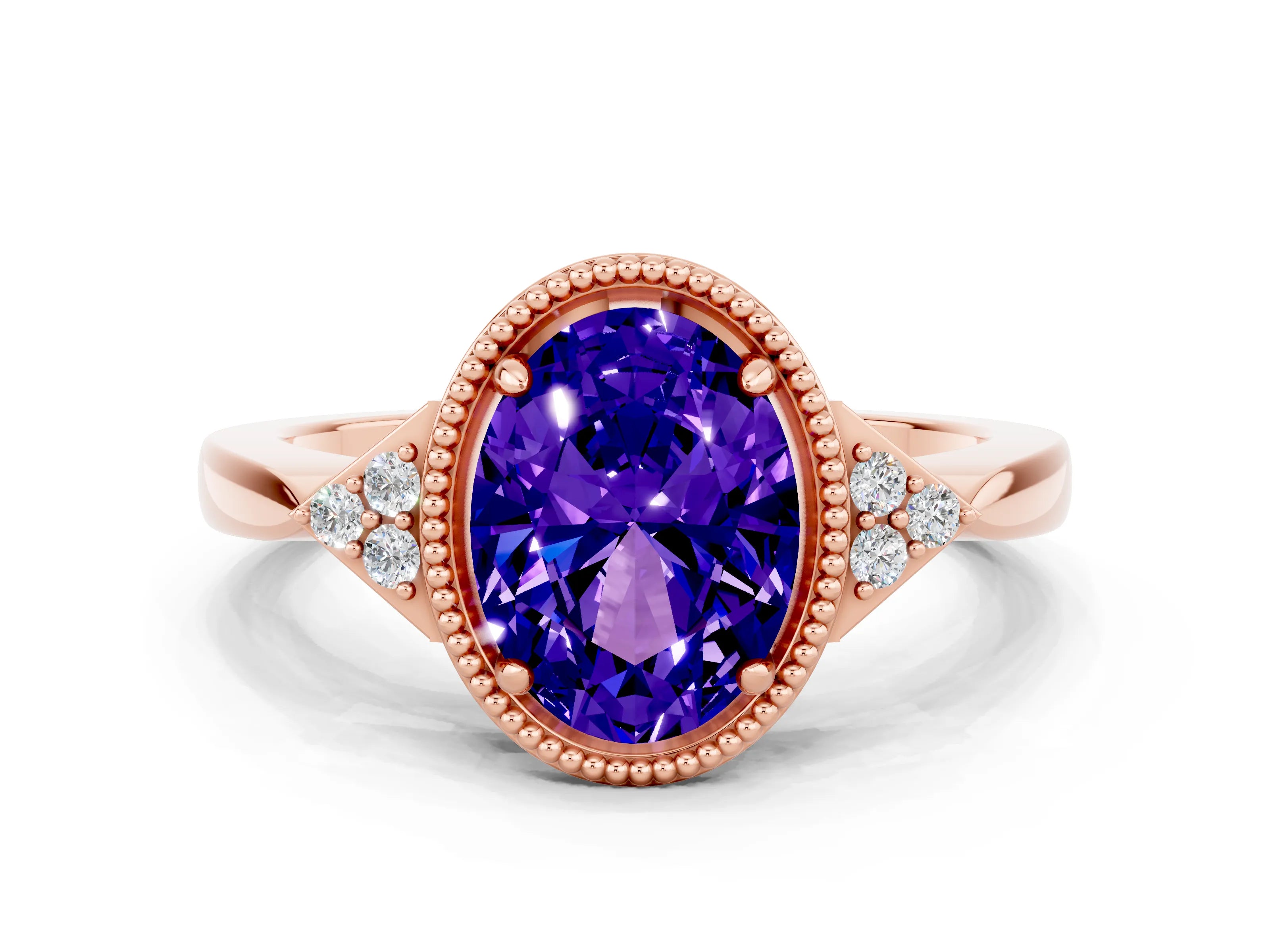 Rose gold Oval Cut Tanzanite Halo Ring with Tapered Band and Four-Prong Setting