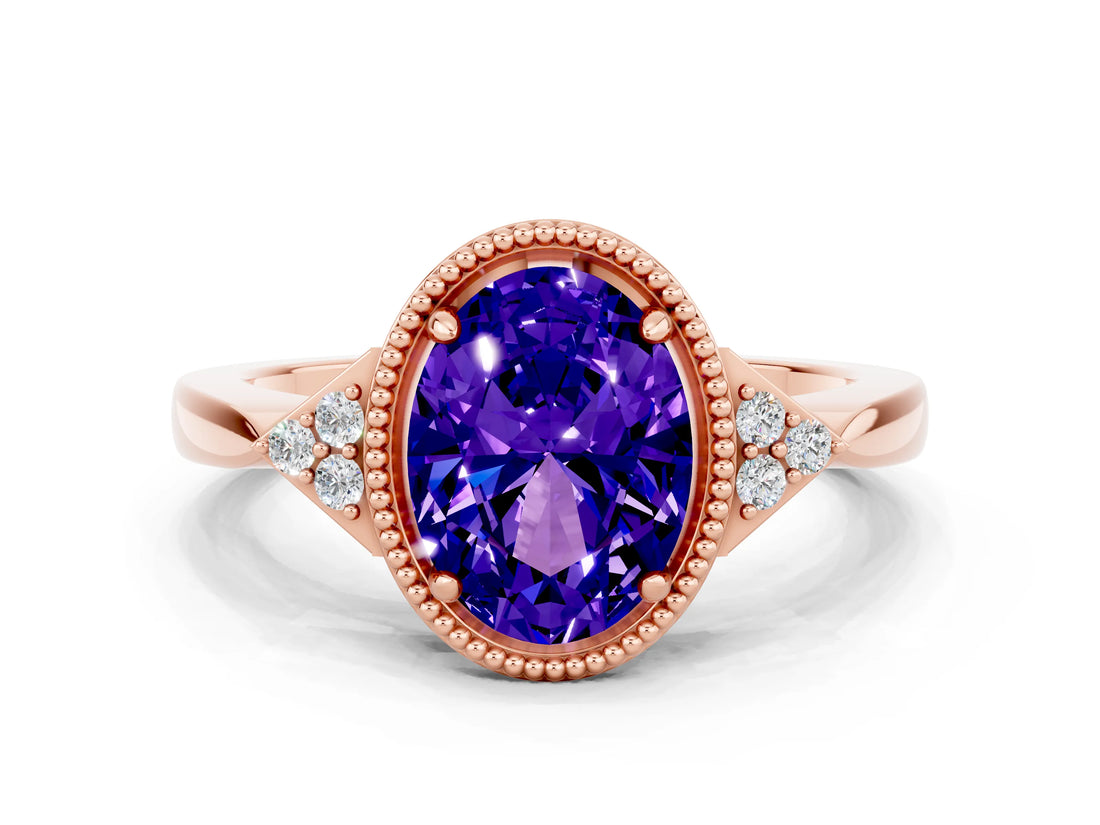 Rose gold Oval Cut Tanzanite Halo Ring with Tapered Band and Four-Prong Setting