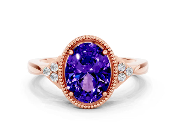 Rose gold Oval Cut Tanzanite Halo Ring with Tapered Band and Four-Prong Setting