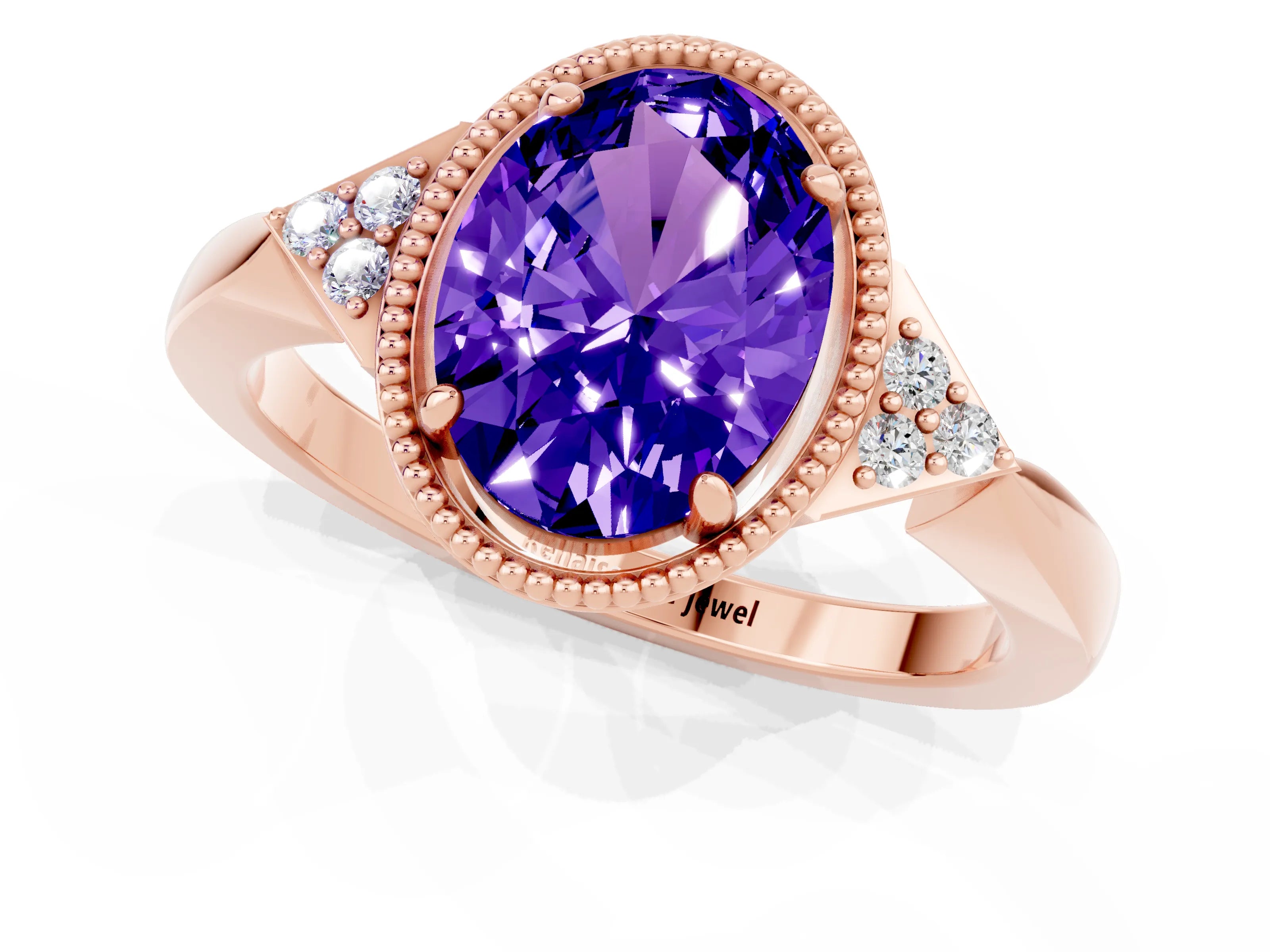 Rose gold Oval Cut Tanzanite Halo Ring with Tapered Band and Four-Prong Setting_1