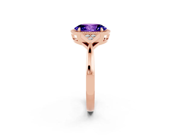 Rose gold Oval Cut Tanzanite Halo Ring with Tapered Band and Four-Prong Setting