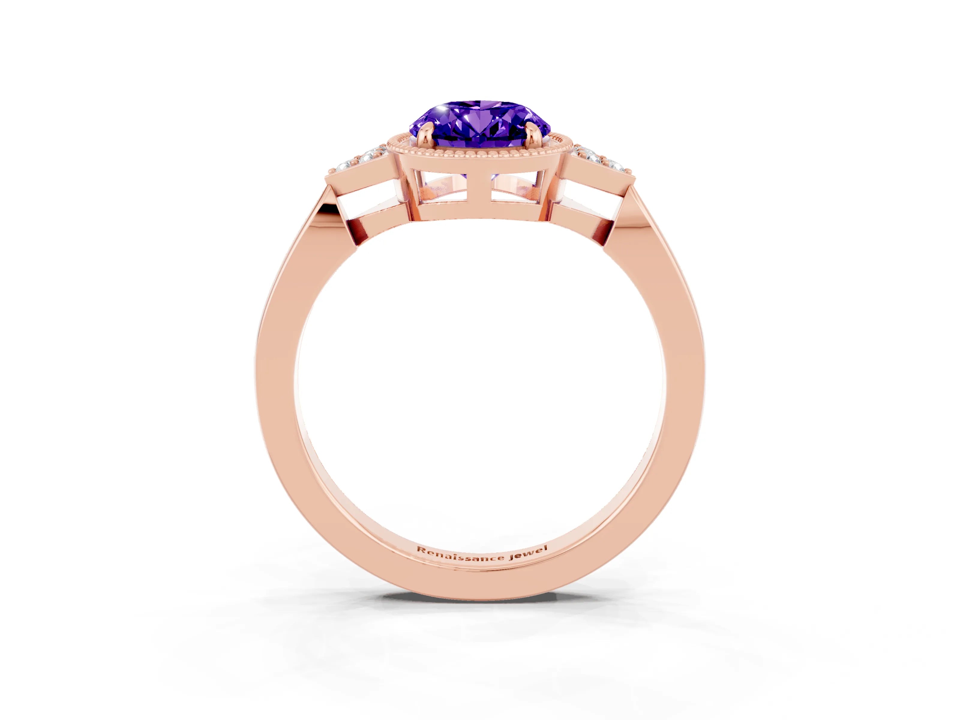 Rose gold Oval Cut Tanzanite Halo Ring with Tapered Band and Four-Prong Setting_3