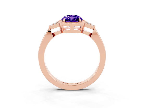 Rose gold Oval Cut Tanzanite Halo Ring with Tapered Band and Four-Prong Setting
