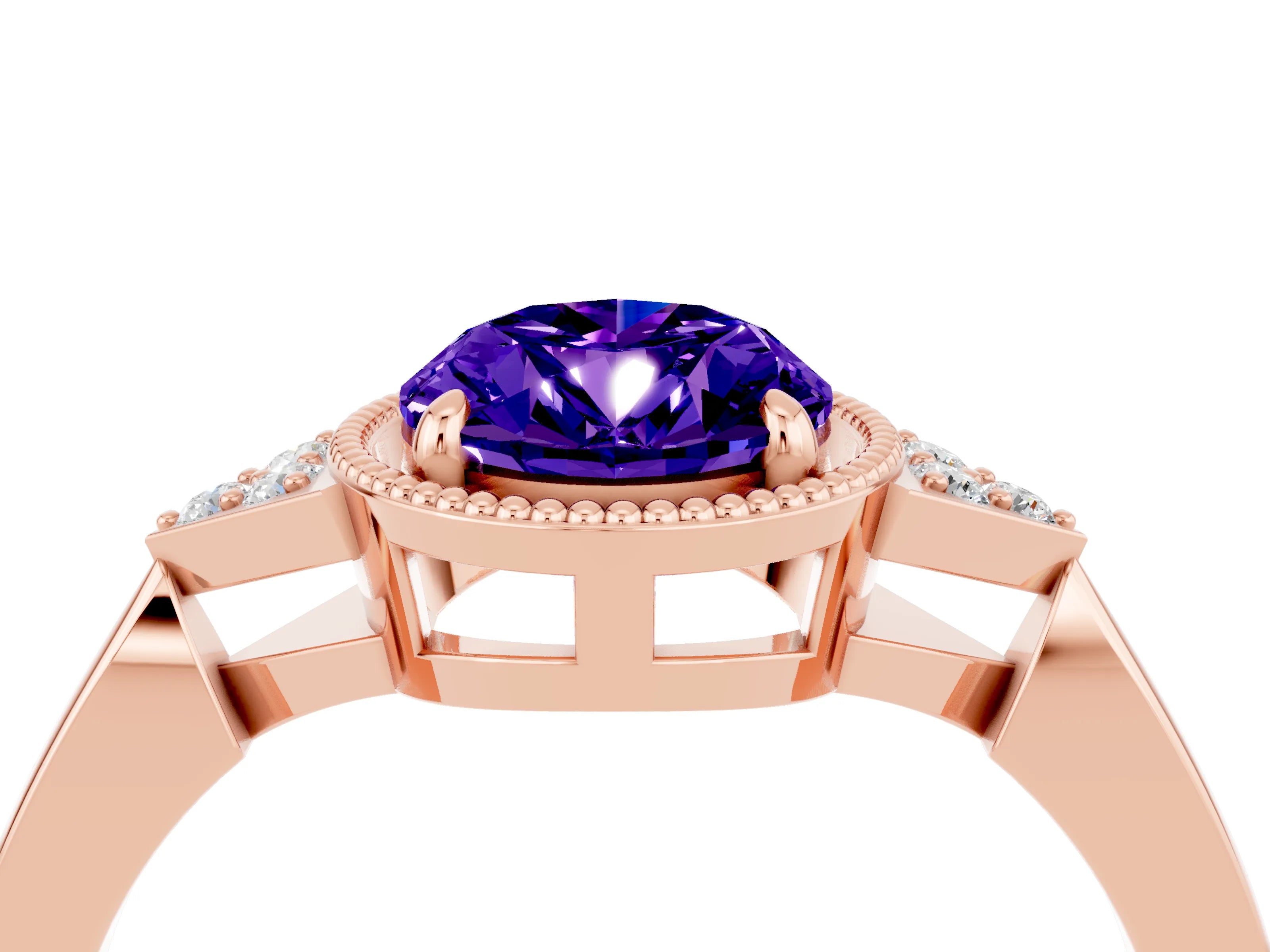 Rose gold Oval Cut Tanzanite Halo Ring with Tapered Band and Four-Prong Setting_4