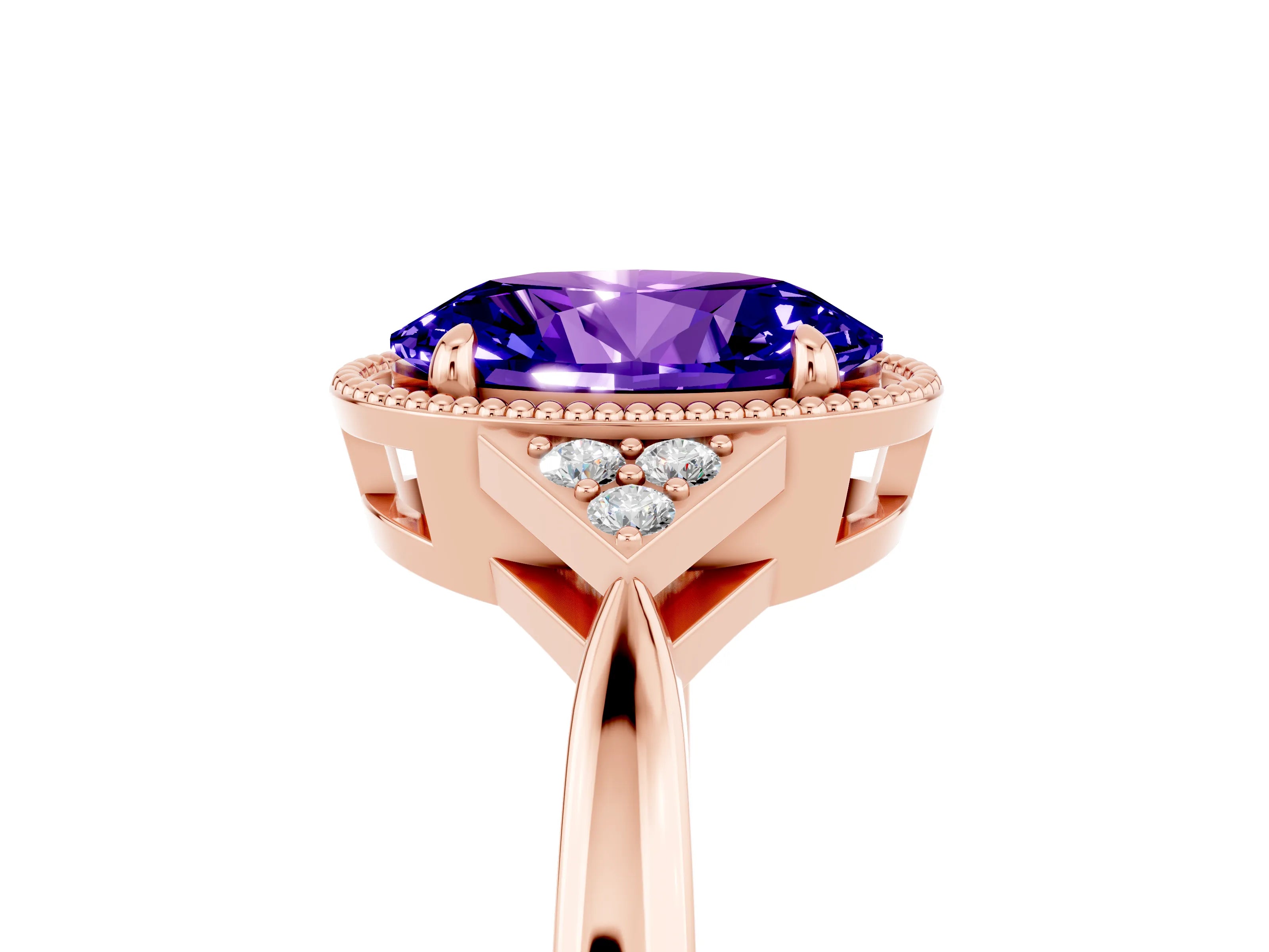 Rose gold Oval Cut Tanzanite Halo Ring with Tapered Band and Four-Prong Setting_5