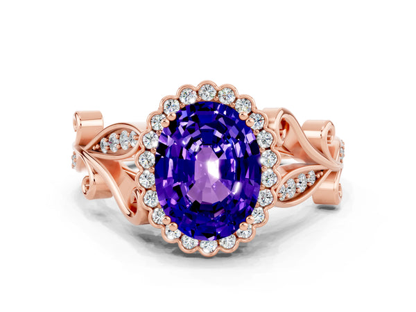 Rose gold Oval Cut Tanzanite Halo Ring with Vintage Split Shank and Four-Prong Setting