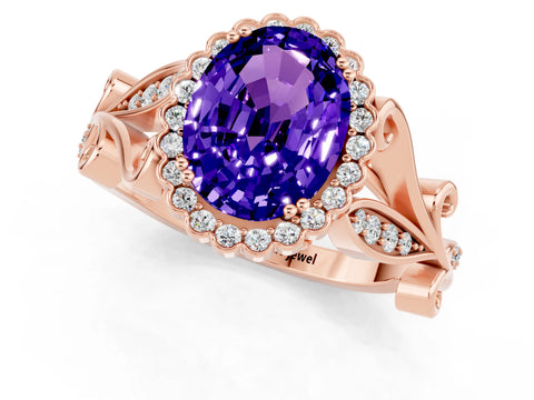 Rose gold Oval Cut Tanzanite Halo Ring with Vintage Split Shank and Four-Prong Setting_1