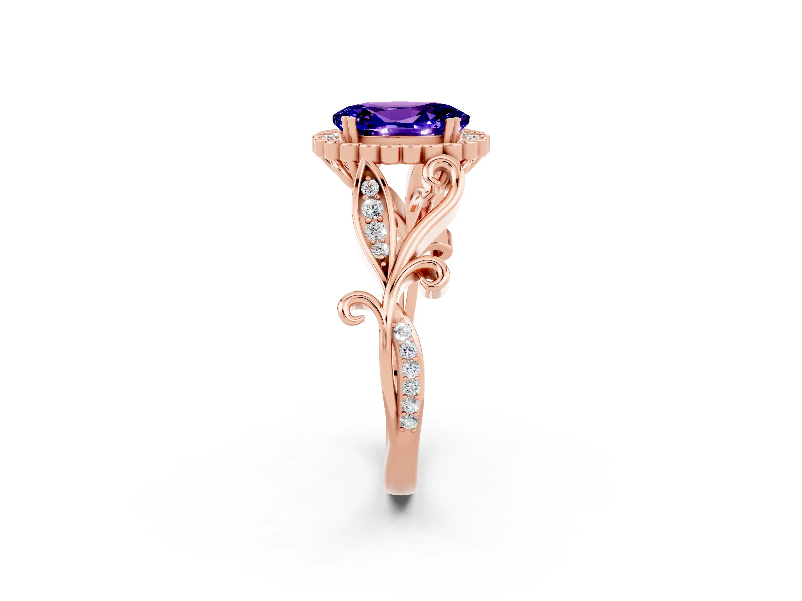 Rose gold Oval Cut Tanzanite Halo Ring with Vintage Split Shank and Four-Prong Setting_2