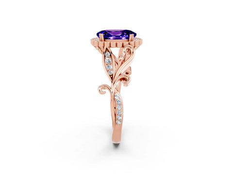 Rose gold Oval Cut Tanzanite Halo Ring with Vintage Split Shank and Four-Prong Setting_2