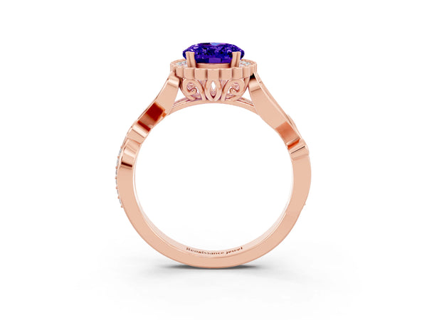 Rose gold Oval Cut Tanzanite Halo Ring with Vintage Split Shank and Four-Prong Setting