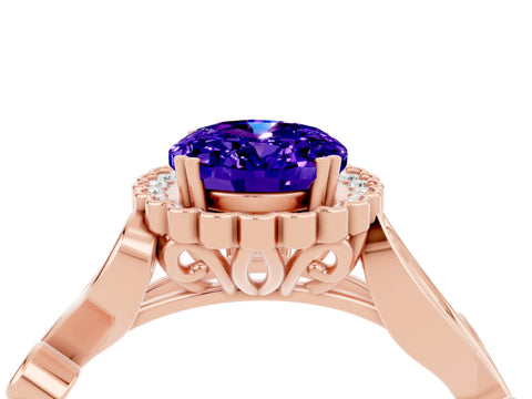 Rose gold Oval Cut Tanzanite Halo Ring with Vintage Split Shank and Four-Prong Setting_4