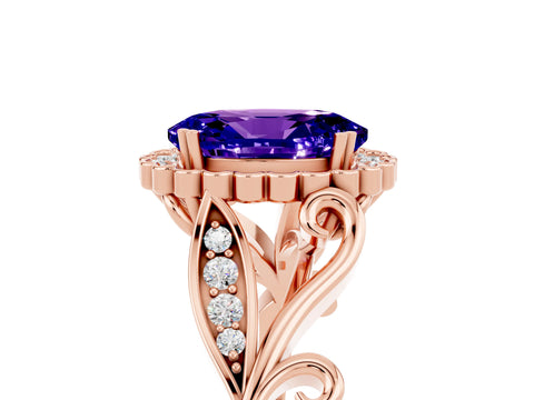 Rose gold Oval Cut Tanzanite Halo Ring with Vintage Split Shank and Four-Prong Setting_5