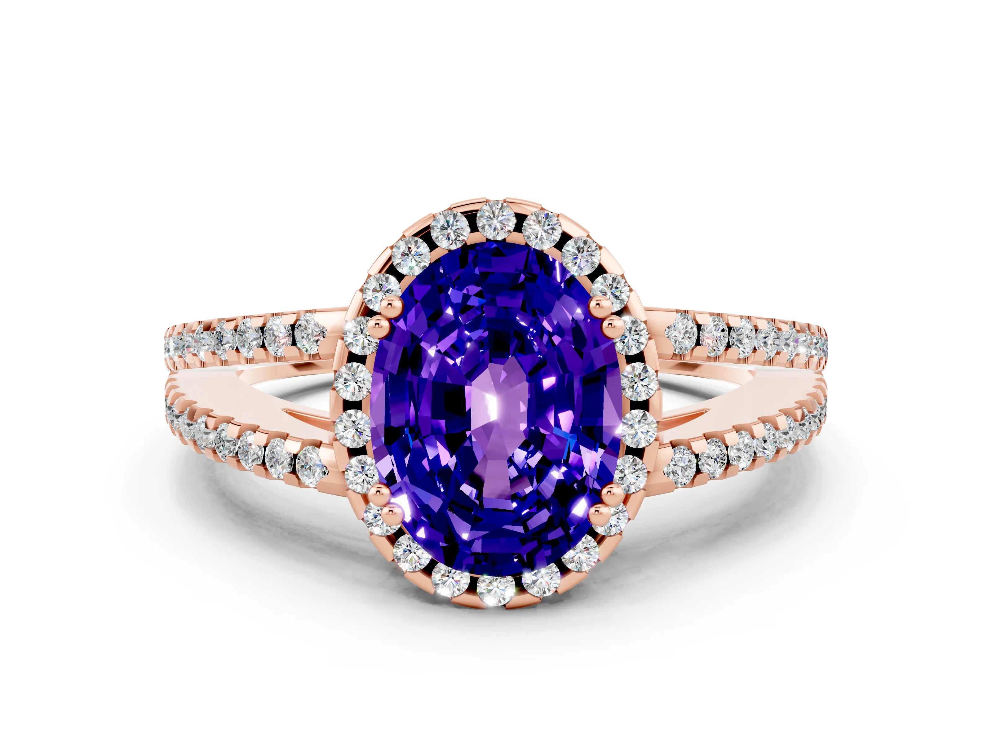 Rose gold Oval Cut Tanzanite Halo Split Shank Engagement Ring_12