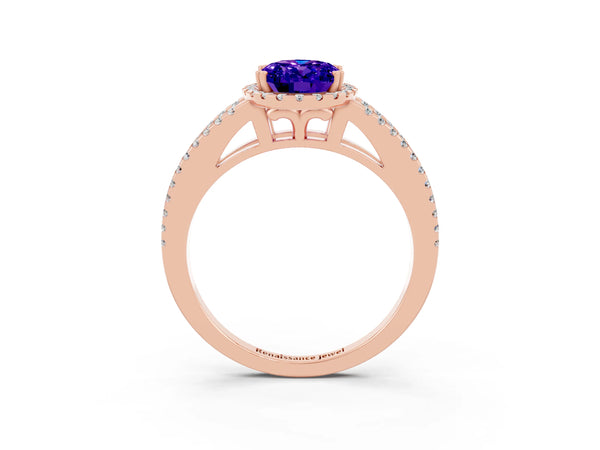 Rose gold Oval Cut Tanzanite Halo Split Shank Engagement Ring