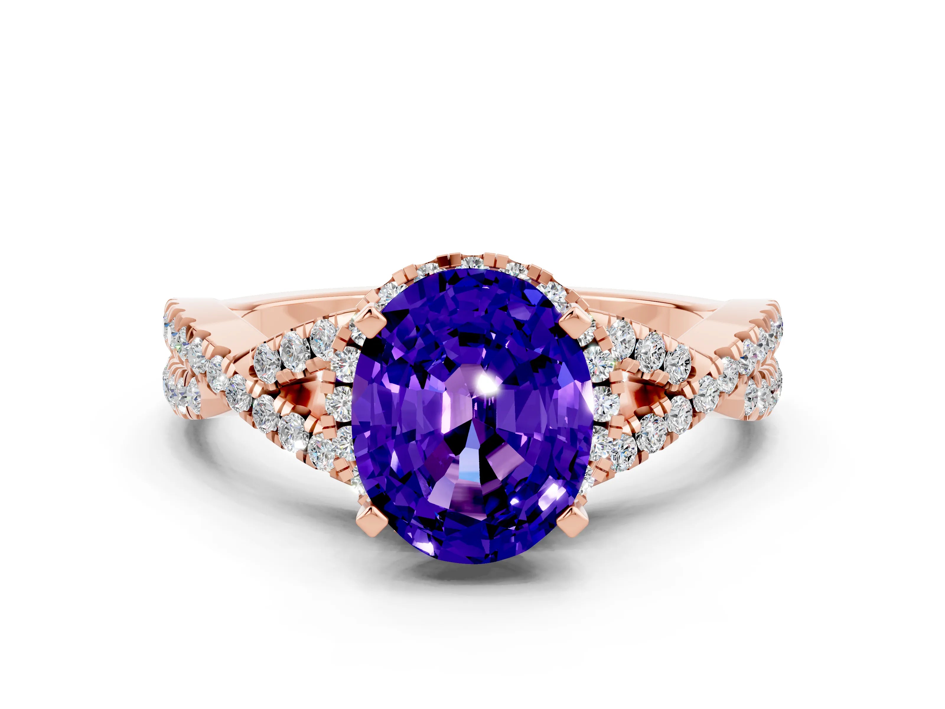 Rose gold Oval Cut Tanzanite Halo Twist Band Solitaire Prong Setting Ring