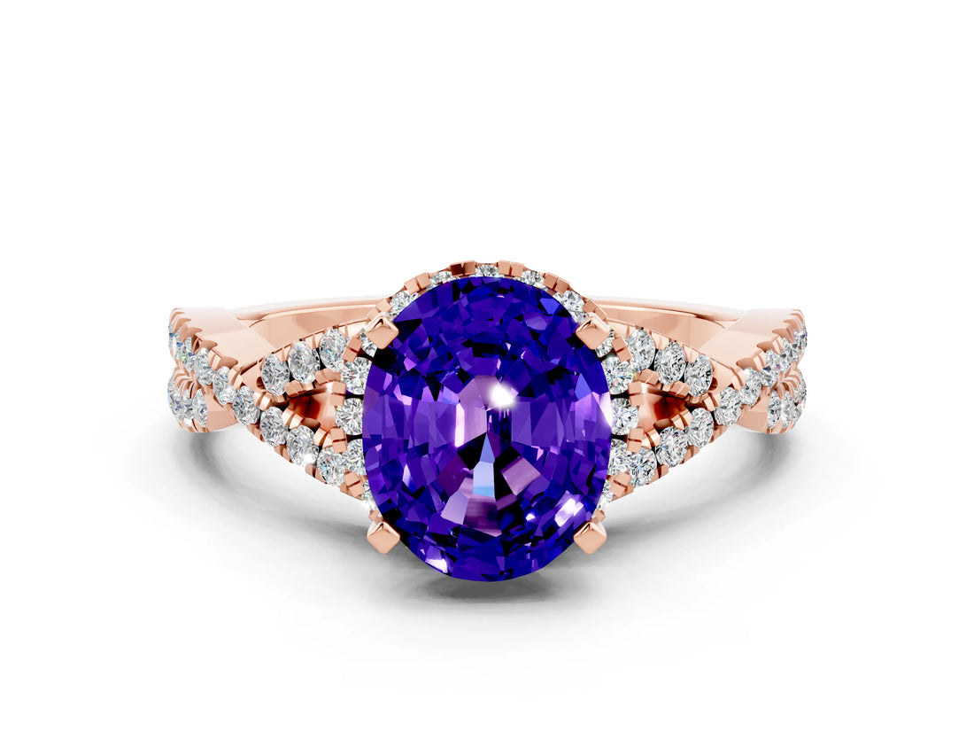 Rose gold Oval Cut Tanzanite Halo Twist Band Solitaire Prong Setting Ring