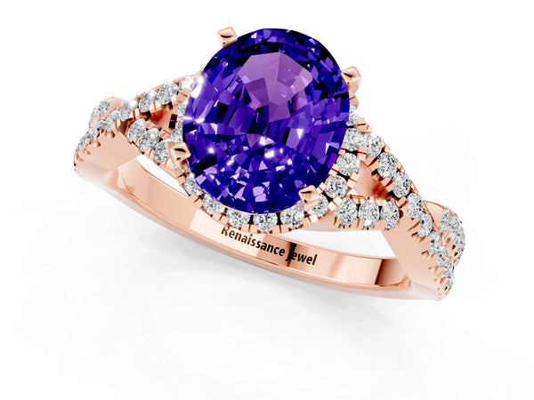 Rose gold Oval Cut Tanzanite  Halo Twist Band Solitaire Prong Setting Ring